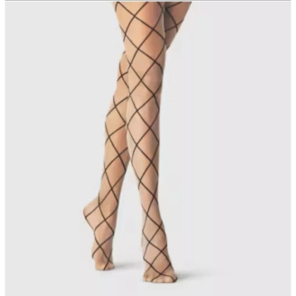 Women's Sheer Nude w/ Black Diamond Lattice Tights Hose Sz Small/Medium E-girl